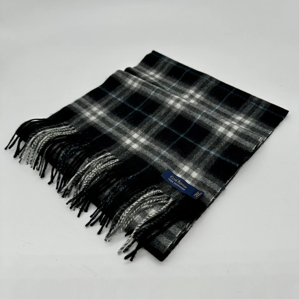Bufanda con flecos 100 % lana cachemir Club Room negra gris a cuadros nueva con etiquetas venta al por menor $95 Foto 4 de 4