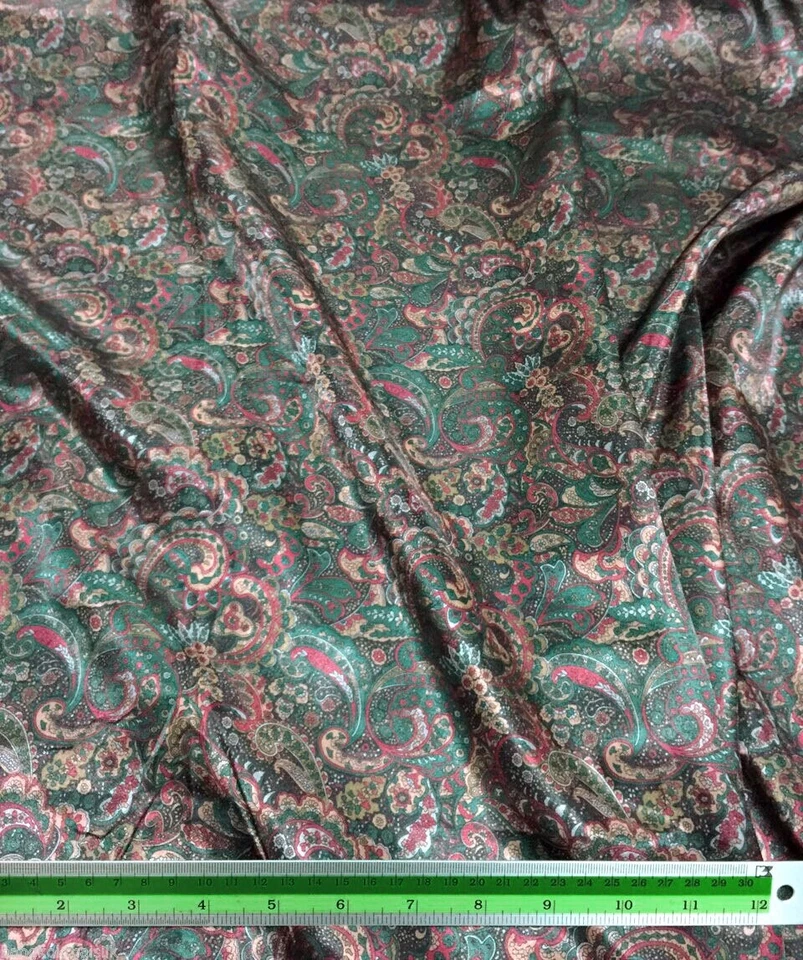 Cupro Bemberg Paisley Printed Fabric Material for Jackets Suits -Green Red Gold - Image 3 of 4