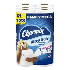 24 Family Mega Rolls Charmin Ultra Soft Cushiony Touch Toilet Paper, 123 Regular