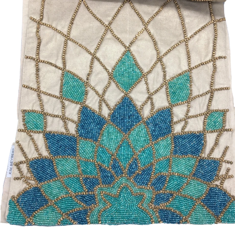 Kim Seybert Beaded Luxury Table Runner Turquoise Teal Blue Gold Designer 14x72 - Image 3 of 4