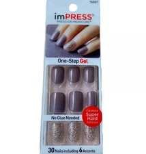 NEW Kiss Nails Impress Press On Manicure Short Gel Mauve Purple Sparkle 