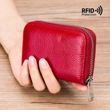 Women RFID Blocking Genuine Leather Accordion Wallet ID Card Holder Zipper Purse