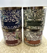 NEW Bath Body Works 3 Wick Candle Lot Hummingbird Tea Cake Blue Sky Haze Jasmine