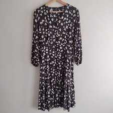 Uniqlo Womens Floral Navy Dress L Printed Flowy V-neck Midi Tiered Shirtdress