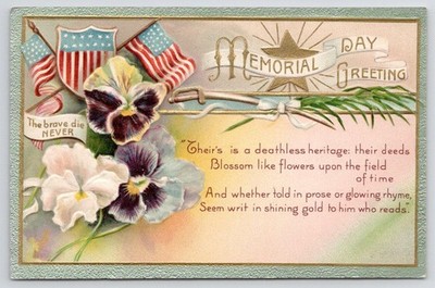 1912 Memorial Day Greeting Postcard  Flags Pansies Germany