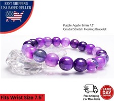   Purple Agate Bracelet 8mm Round Gemstone Beads Healing Crystal Gift Size 7.5