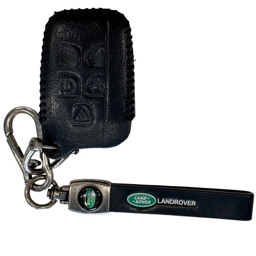 Land Rover Black Leather Key Fob Cover and Logo Strap Keychain Set