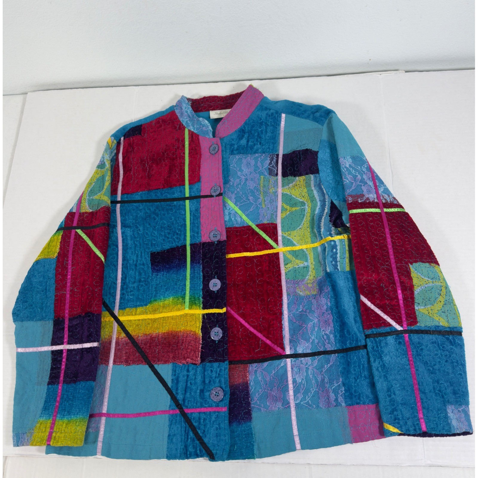 Studio Works Patchwork Jacket Womens Blue Pink Ve… - image 2