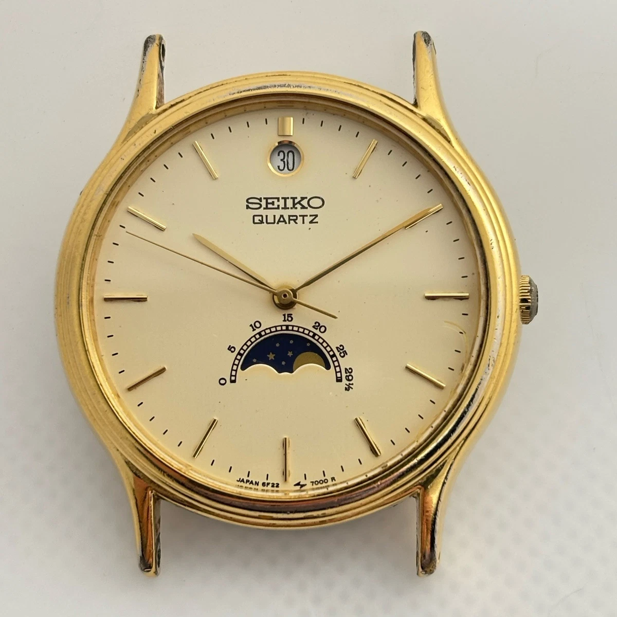 Rare Seiko 6F22-7000 Moon Phase Men's Watch Gold Tone Case For