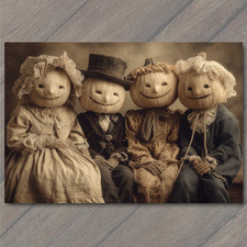 POSTCARD Pumpkin Head Dolls Lace Dresses Top Hat Halloween Rustic Sepia Look
