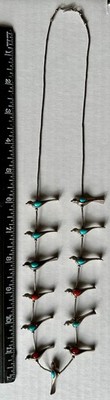 Native American Silver Red Coral Blue Bird Turquoise Fetish Necklace Totem