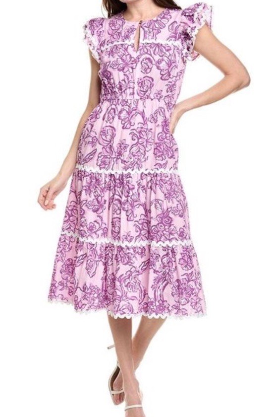 Sail To Sable STS Midi Dress XXS Lilac Toile Ric Rac Flutter Sleeve Beach Resort