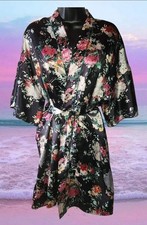 Vintage 1990s Val Mode Silky Black Floral Robe Dressing Gown Sz Small Excellent