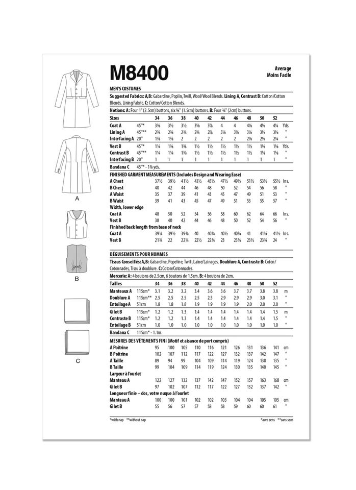 McCall 8400 Sz 34-52 Men's Overcoat Frock Coat Duster Jacket Vest Pattern - Image 4 of 4