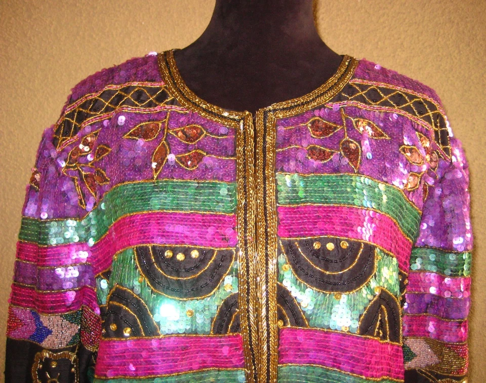 Vintage Laurance Kazar 80s silk sequins beads multicolor cropped lined jacket 3X - Image 2 of 4