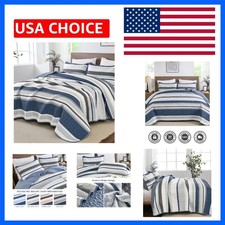Quilt Set King Size,3 Pieces Mineral Blue Striped Bedspread Coverlet Set with...