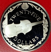 1988 BRITISH VIRGIN ISLANDS $25 PROOF .65 OZ SILVER VIOLIN SUNKEN SHIP TREASURES