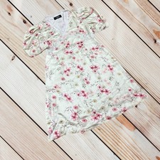 Cider S floral satin lace trim puff short sleeve mini dress