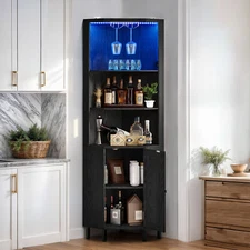 67" Corner Cabinet Home Bar Doors Liquor Glass Wine Racks LED Wooden Shelves