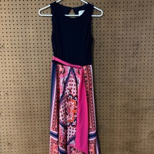 Vintage Dress Womens Eliza J Maxi Hankie Navy Blue Tie Waist Sleeveless Flowy 4