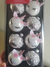Winter Wonder Lane Unicorn Silver Glass Christmas Ornaments 8 Count NEW