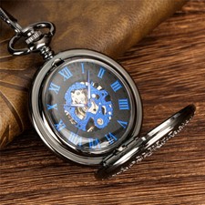 Gear Mechanical Pocket Watch with Chain Skeleton Blue Roman Numerals Dial Gifts