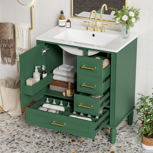 Traditional 30"Green Bathroom Vanity Set,Floor Standing,w/Three Drawers,Soft Clo