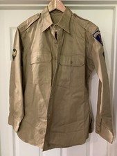 Vintage Khaki WWII Era Military Shirt Button Up Long Sleeve Shirt Cotton Tan