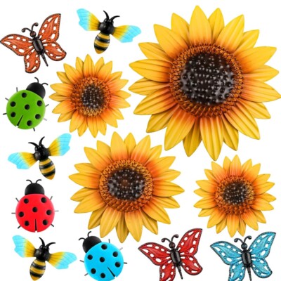 12 Pcs Sunflower Metal Flowers Wall Decor Yellow Flower Outdoor Decor Metal Lady