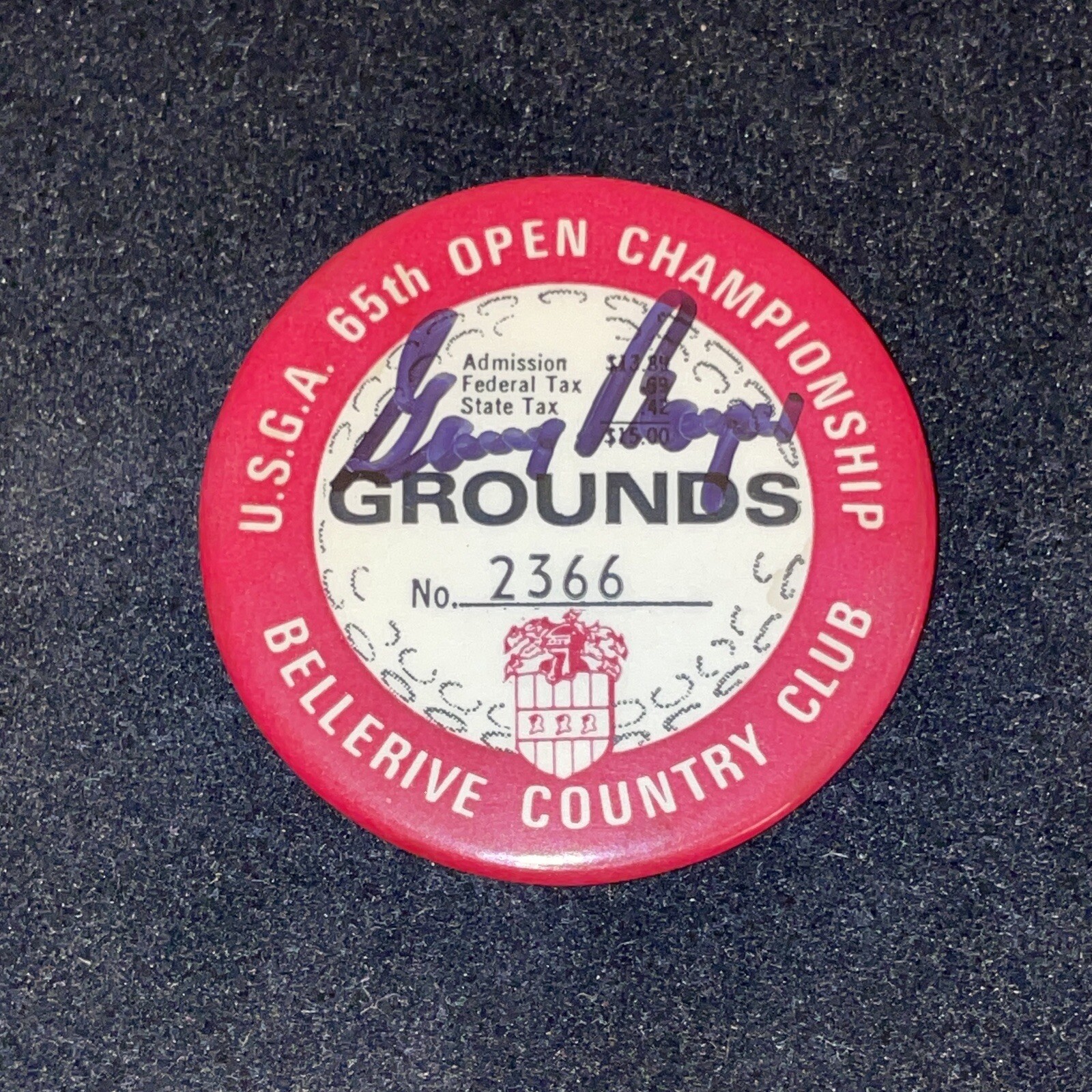 Gary Player Autographed Signed 1965 US Open Badge JSA COA Golf Grand Slam Win Bellerive 