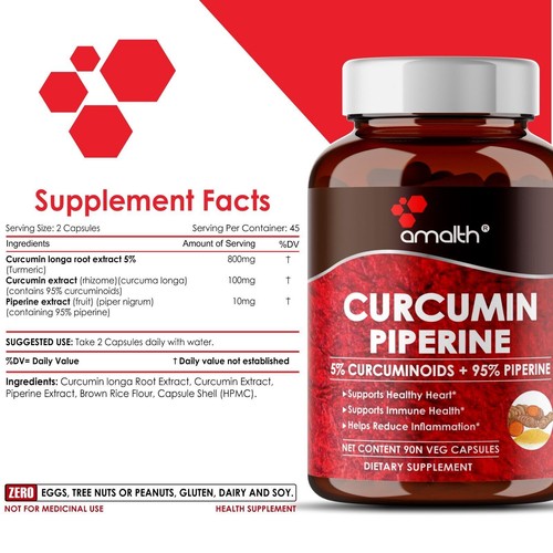 Extracto de curcumina de cúrcuma, 95 % de piperina, pimienta negra, 500 mg,... - Imagen 5 de 8