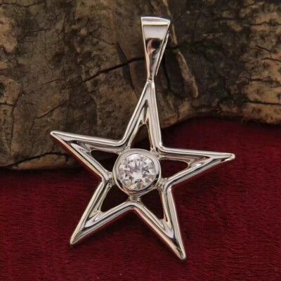 Round Simulated Diamond Stunning Star Bezel Fancy Pendant 14K White Gold Plated