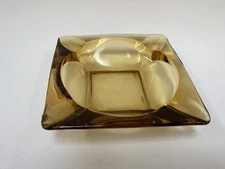 Vintage MCM Amber Glass Ashtray 4.75 Inch Square Four Slot Mid Century Modern