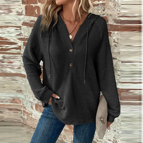Women's hooded waffle knit button V-neck long sleeved sweater sweatshirt top- - Bild 20 von 43