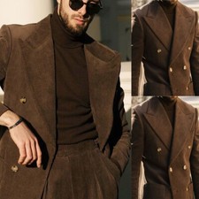 Brown Corduroy Men's Suits Wide Peak Lapel Fashion 2Pcs Wedding Groom Tuxedos