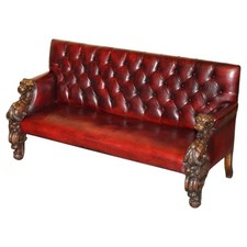 RARE LION' HEAD HAND CARVED ANTIQUE VICTORIAN CHESTERFIELD OXBLOOD LEATHER SOFA