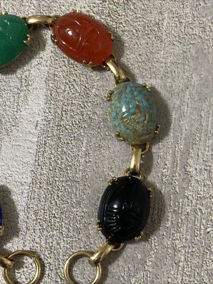 Vintage Carved Scarab Multi Glass Gemstone Link Bracelet Gold Plate NO CLOSURE - Image 3 of 4