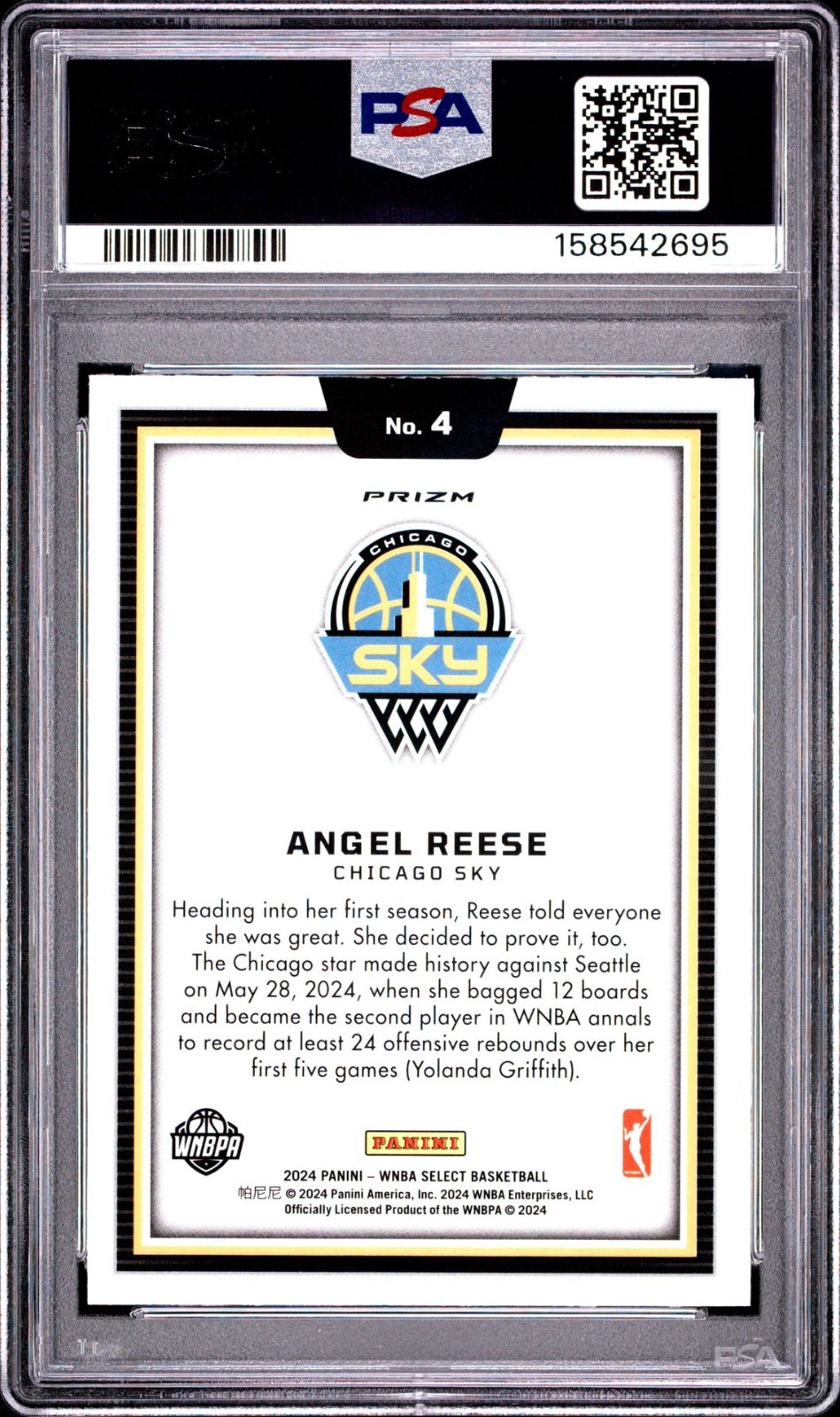 Angel Reese, Rookie Card (RC) Black Color Blast, 2024 Select WNBA #4, PSA 10 GEM view 2