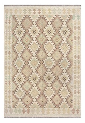 Handgefertigter afghanischer Kelim aus reiner Wolle geometrisch beige nachhaltig 204 x 142 cm 
