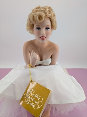 Franklin Mint Porcelain Marilyn Monroe Doll Love, Marilyn Sitting on Satin Bench