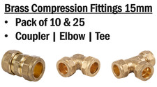 Brass Compression Fittings 15mm - Pack of 10 & 25 Coupler | Elbow | Tee