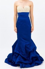 Jovani Cobalt Blue Beaded Evening Gown Strapless Satin Long Dress 2 Bow Gathered