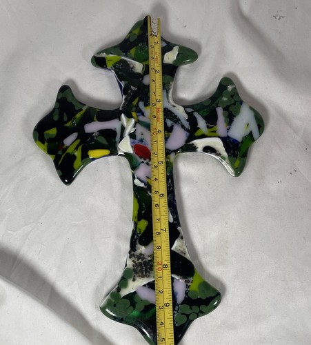 Croce artistica in vetro fuso fatta a mano da appendere a parete 10" alta 7" con - Foto 6 di 8