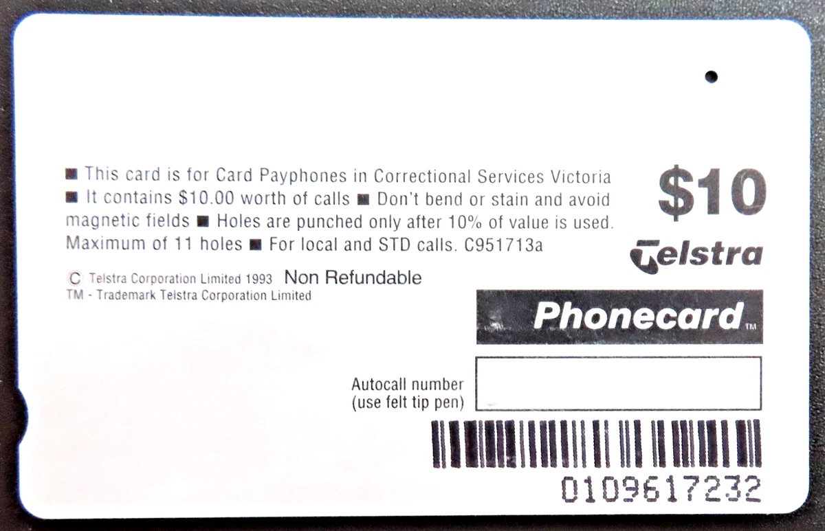 Telstra PRISON SERVICE $10 phonecard ONE HOLE- HARD TO FIND prefix 1096