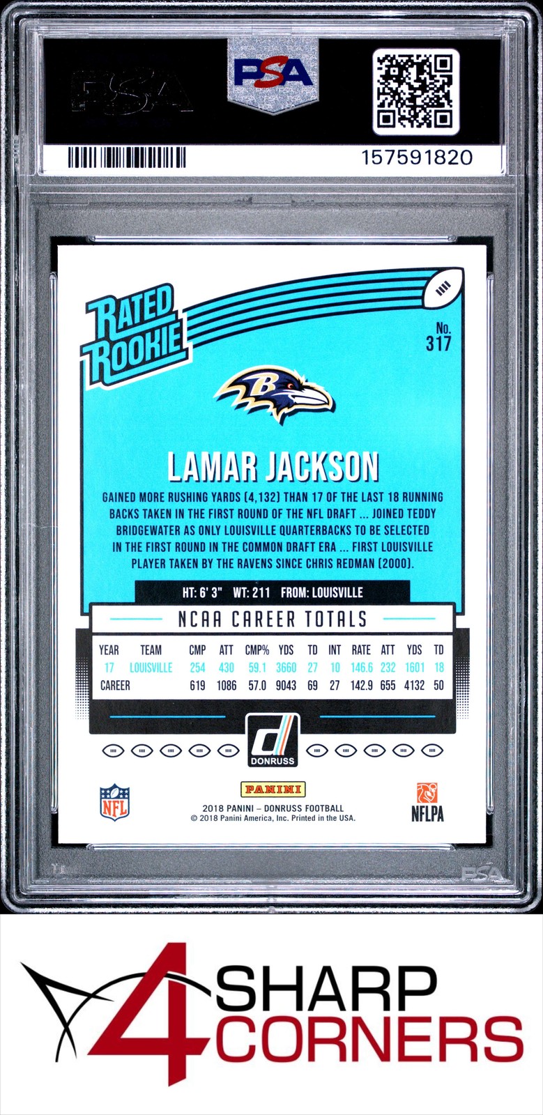 2018 PANINI DONRUSS #317 LAMAR JACKSON RC RATED ROOKIE PSA 10 view 2