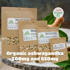Organic Ashwagandha Withania somnifera 500mg and 650mg vegetarian capsules or