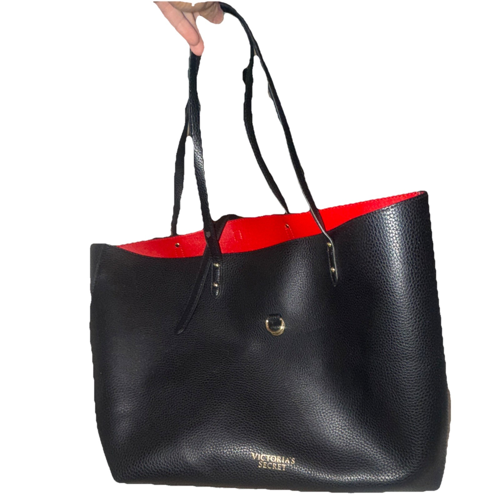 Victoria's Secret Large Black Pebbled Tote Bag Red Lining w/ Pouch Logo Accents