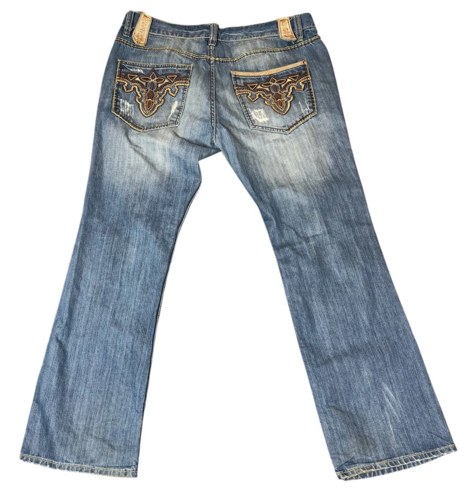 Antik Denim Men’s Jeans Western Destructed Straight Cut Blue Y2K BOHO Size 38x32 - Image 2 of 4