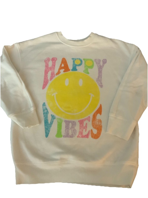 Girls “Happy Vibes” Smiley Face Sweatshirt – Youth Size M (8) – White