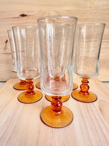 7 Luminarc vintage champagne glasses with amber stem from France